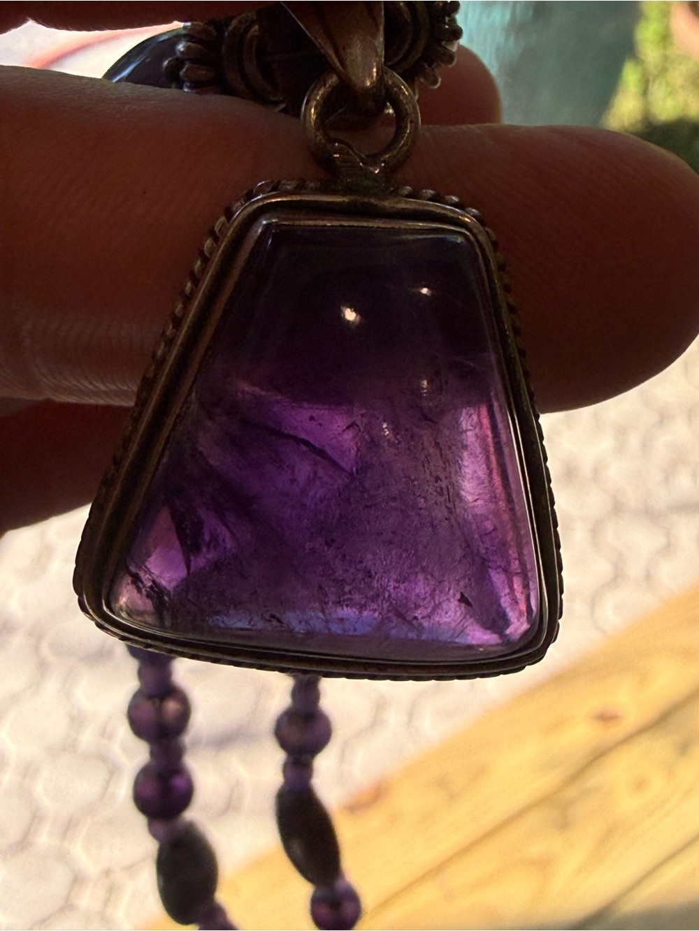 Sterling Silver Amethyst Beaded Necklace Featuring a Large Pendant